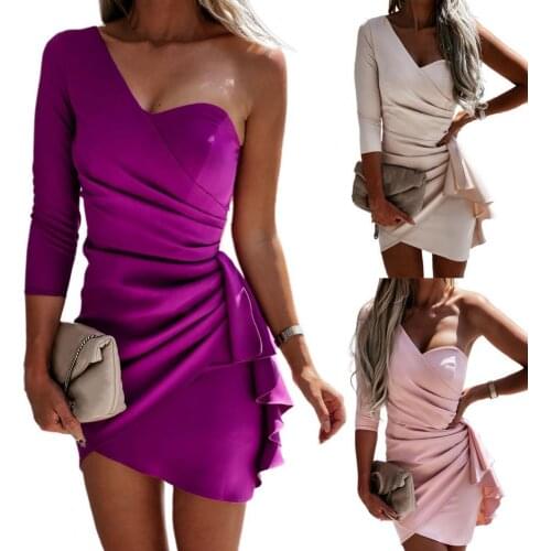 Women Elegant One Shoulder Mini Dress 2021 Autumn Sexy V-Neck Solid Party Dress Ladies Fashion Long Sleeve Party Dress Vestido