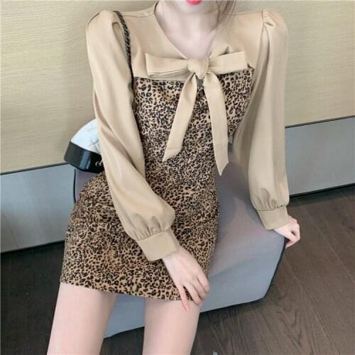 2021 Womens Stitching Short Dress with Bow Decor French Style Long Sleeves Loose High Waist Slim Style Dress for Autum TY66