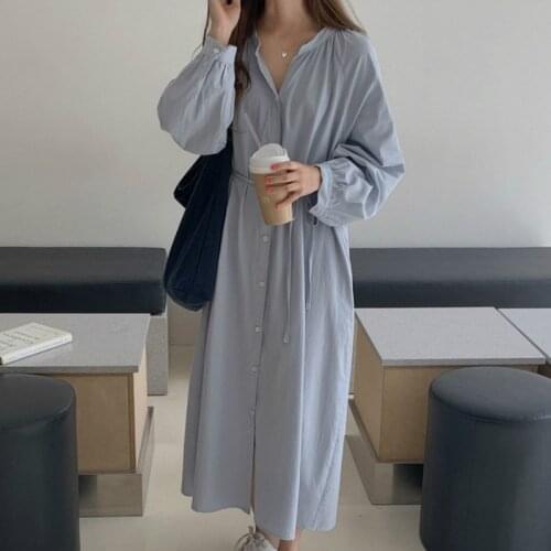 2020 Women Autumn Full Sleeve Long Shirt Dress V Neck Sashes Single Breasted Raglan Sleeve Oversized Midi Dresses