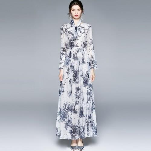 Vestidos De Fiesta Summer Holiday Beach Maxi Dresses Long Sleeves Vintage Floral Print Elegant Party Chiffon Arabian Femme Robe