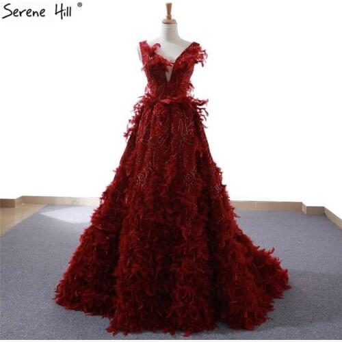 New Red Sequins Slim Deep-V Bride Dress Dinner Banquet Dress 2019 High-end Fashion Feathers Evening Gown Real Photo C66703