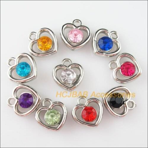 30Pcs Dull Silver Plated Mixed Crystal Heart Frame Charms Pendants 13x14mm