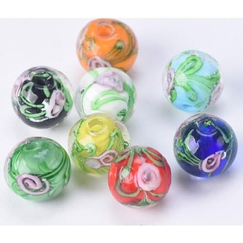 5pcs Round 12mm Flower Pattern Handmade Lampwork Glass Loose Beads for Jewelry Making DIY Crafts Findings