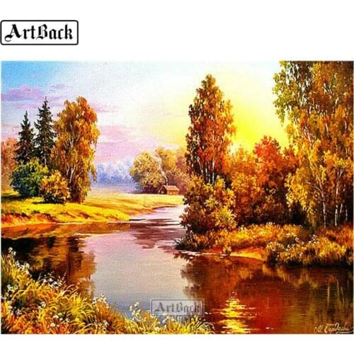 5d diamond painting autumn sunset tree landscape full square & round diamond embroidery stickers 3d resin mosaic 50x65cm