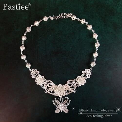 Butterfly Flower 999 Sterling Silver Pendant Necklace Women Big Chain Handmade Luxury Jewelry Boho Wedding Ethnic Jewellery