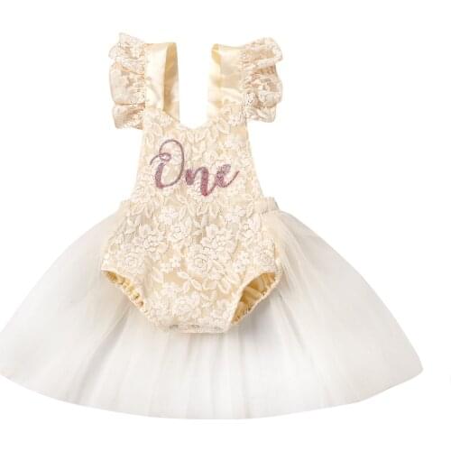 Infant Baby Girls Birthday Romper Dress with Mesh Stitching Straplesss Letter Print Floral Lace Jumpsuits Princess Costume 0-24M