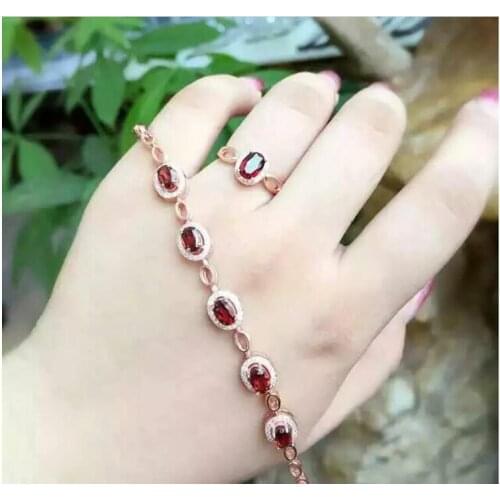 Garnet chain bracelet Free shipping Real natural red garnet 925 sterling silver Luxury bracelets Gemstone size: 4*6mm 6pcs
