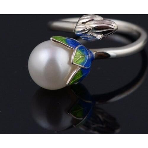 L&P New Arrival Natural Pearl Silver Jewelry Ring For Women, Handmade CloisonneVintage Women Rings For Birthday Gift
