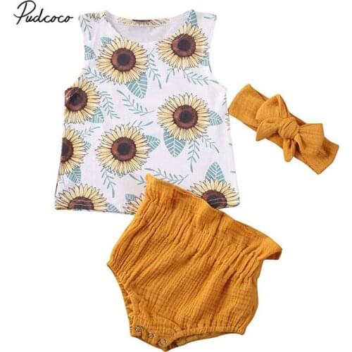 2020 Newborn Baby Girl Clothe Vest Sunflower Top Ruffle Shorts PP Pants Sunflower Summer 3pcs Outfits Cute Baby Set