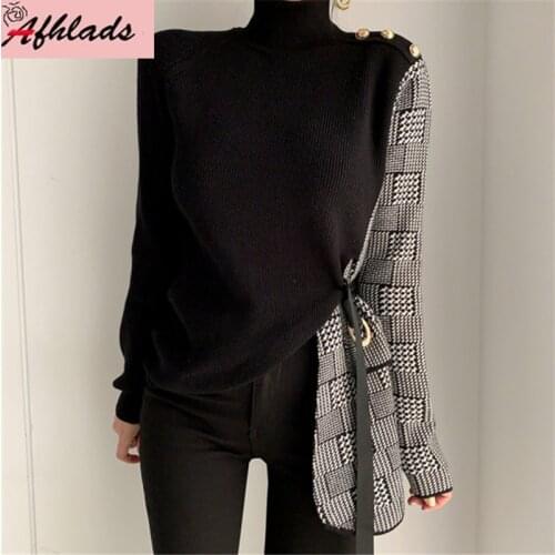 Korean Casual Turtleneck Collar Houndstooth Stitching Fashion Women Irregular Lace-Up Pullover Long Sleeve Knitted Tops