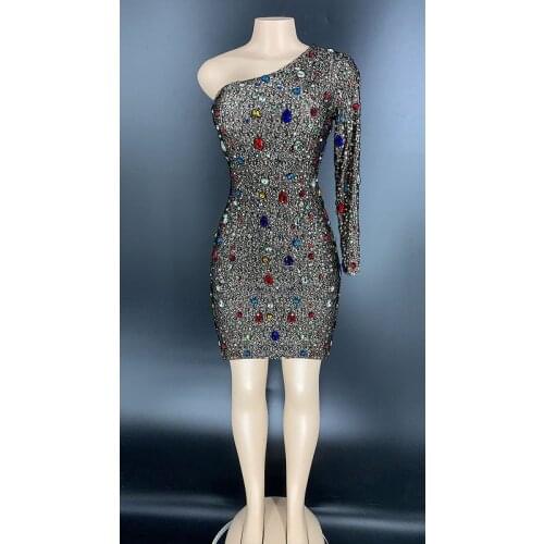 Fashion One Shoulder Luxury Shiny Rhinestones Dress Evening Prom Party Diamonds Dresses Birthday Celebrate Outfit Stage Costume