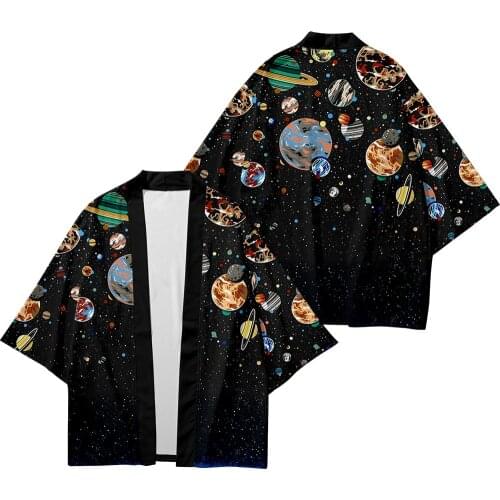 Summer Star Planet Pattern Shirt Digital Colorblock Printing Loose Size Seven Sleeve Kimono Cardigan Mens Coat