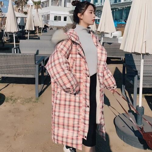 2021 New Cotton Coat Female Womens Winter Jacket Long Faux Fur Fur Collar Red Plaid Sweet Thick Warm Loose Fashion Hooded