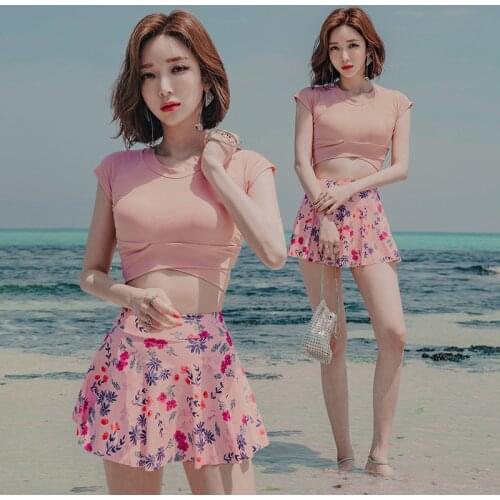 2021 New Korean Style Pink High Waist Two Pieces Bikini Set Swimsuit Female Women Beachwear Swimwear Bather Bathing Suit
