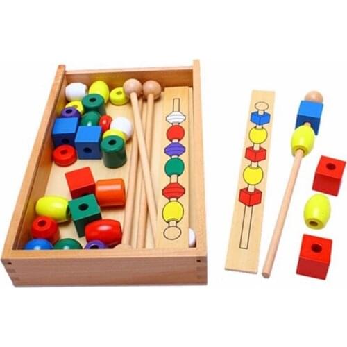 Montessori Educational Wooden Toys for Kids Colorful Shape Stick Bead Set Blocks Toys Wooden Toys for Baby for 1-3 Years