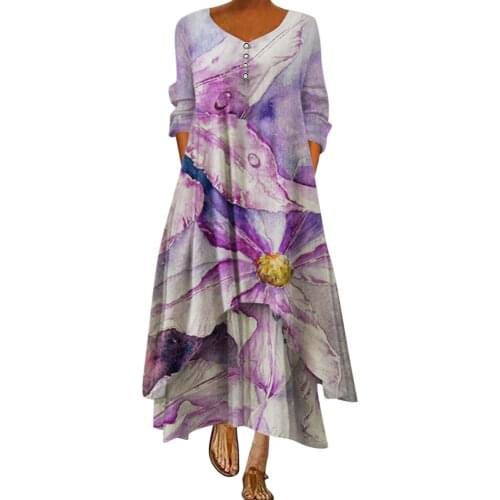 Autumn Women Boho Dress 2021 Sexy V Neck Long Sleeve Beach Sundress Casual Floral Print Long Dress Vintage Party Dresses #T3G