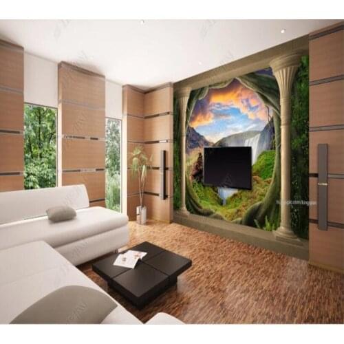 Papel de parede tree cave mountains and waterfalls scenery 3d wallpaper mural,iving room tv wall bedroom wall papers home decor