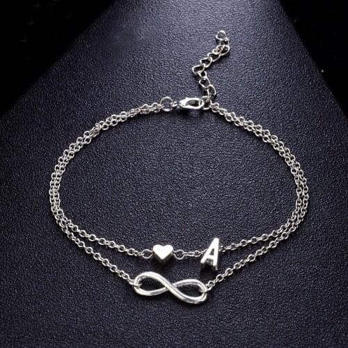 A to Z Popular Design Inifinity Charm Heart Pendant and Letter Anklet 2 Layers Layered Footchain Summer Vocation Jewelry