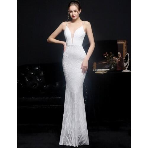Partysix dress 2021 Sexy Deep V Neck New Strap Women Party Dress Sexy V-neck Long Sequin Evening Dress Gold/White