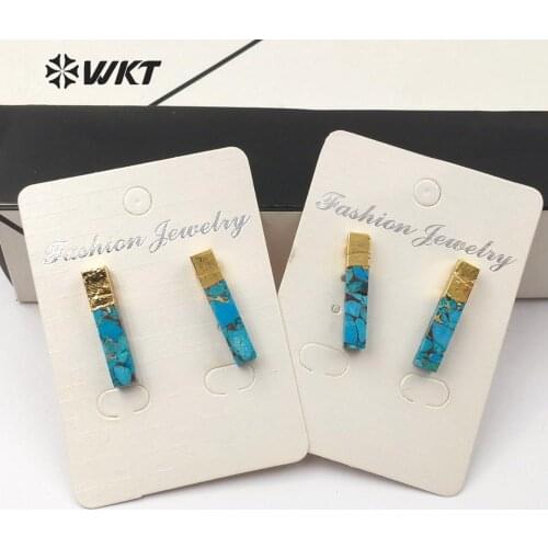 WT-E548 Natural Blue Vein Green Stone Earring Rectangle Shape Gem-stones Earring Gold Capped Stud Earring Jewelry