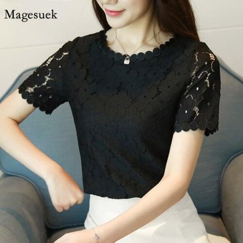 Women Summer Short Sleeve O-neck New Fashion Lace Shirt Lace Blouse Fashion Elegant Slim Lady Clothing White Tops Blusas D710 30
