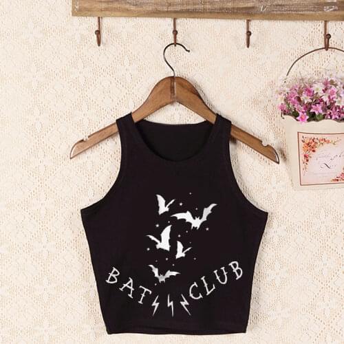 Bat Club Shirt Gothic Crop Top Women Bats Printed Dark Fashion Graphic Grunge Style Cami Tops Black