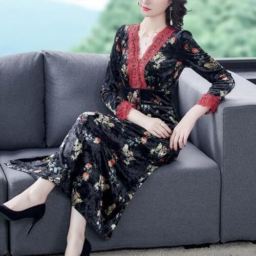 Vintage Elegant Black Floral Gold Velvet Midi Dresses 2021 Autumn Winter Casual 3XL Plus Size Dress Women Bodycon Party Vestidos