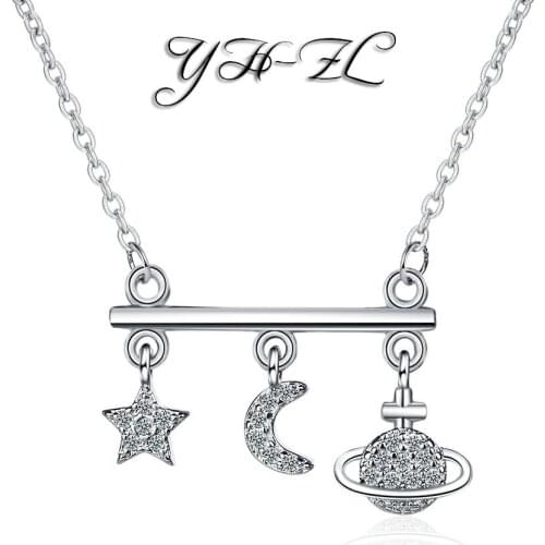 YH-ZL 925 Sterling Silver New Woman Fashion Jewelry High Quality Moon Star Crystal Zircon Simple Heart Pendant Necklace Length 4