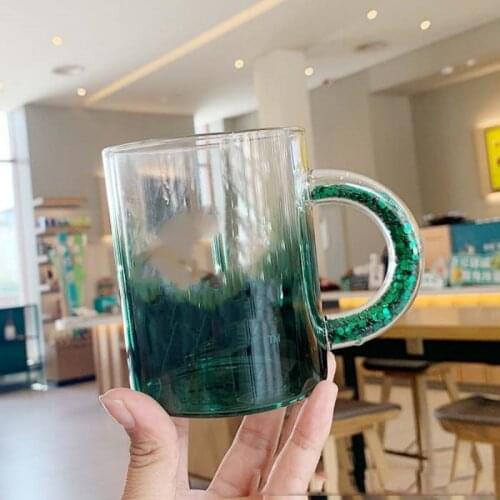 Star Father Christmas Glass Gradient Dark Green Sequins Hand Handle Water Cup 355M Coffee Cup with Logo