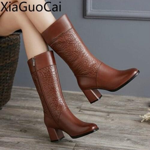 Embroidery Brand Genuine Leather Womens Mid-calf Boots Winter Leather Ladies Motorcycles Boots Zipper High Heel Boots