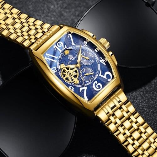 ORKINA Blue Dial New Fashion Mens Watches Golden Stainless Steel Waterproof Automatic Moon Phase Luminous Clock Reloj Hombre