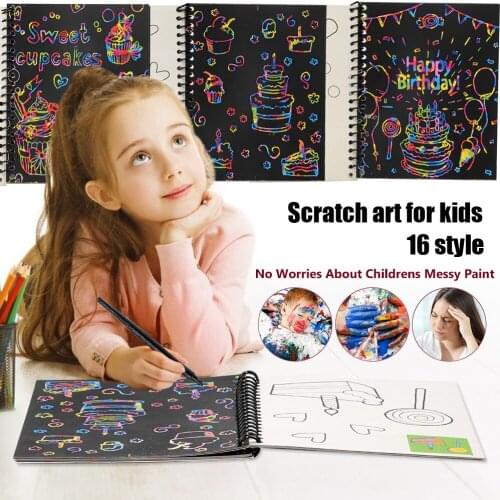 DIY Magic Rainbow Color Scratch Art Paper Card Set With Graffiti Stencil Drawing Board Stick Art Painting Educational Toys Gifts
