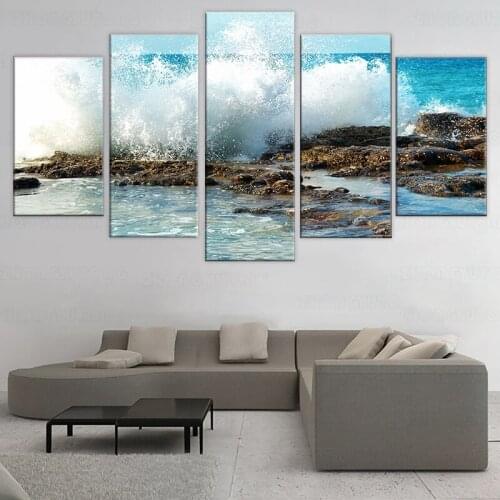 HD printed 5 piece canvas art sea coast waves spindrift painting wall pictures for living room modern frame