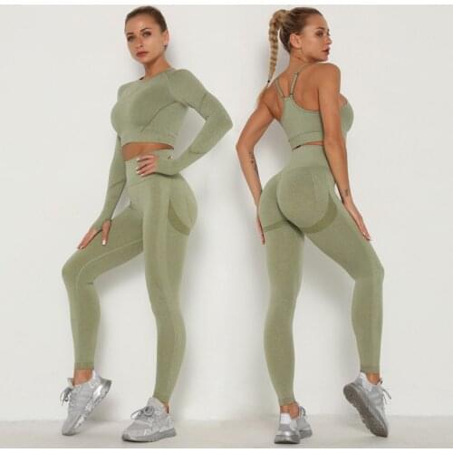 Seamless Yoga Set Women Gym Clothing Workout Sportswear Fitness Long Sleeve Crop Top Bra + Leggings 2 Piece Sports Suits