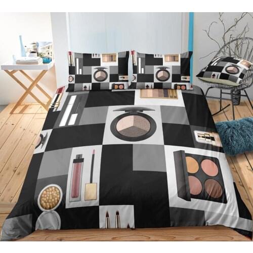 Beauty Duvet Cover Sets,Cosmetics Makeup on Black and White Background Printing,Girls Women Home Bedroom Decoration Bedding Sets