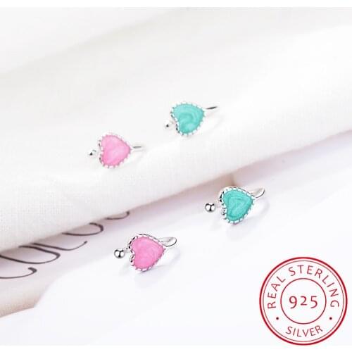Cute Small Pink/Green Heart 925 Sterling Silver Ear Cuff Clip on Earrings For Women Girls Children Baby Kids Jewelry Aros Aretes