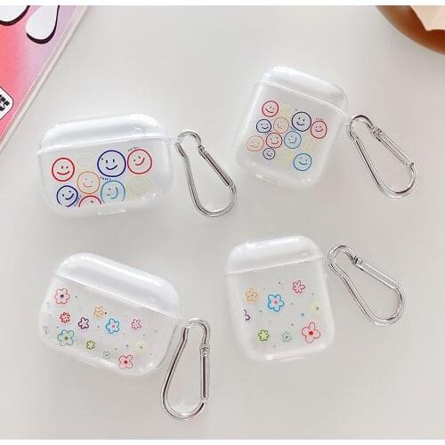 Fashion Smiley Face Flowers Wireless Earphone Case For Apple AirPods Pro 2 1 Cute Cartoon Transparent Protective Cover with Hook