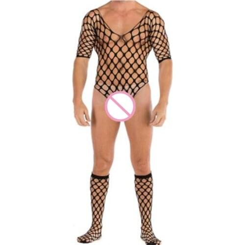 Man Pajamas with Stocking Sexy Costumes Sexy Lingerie Set Erotic Bodystocking Catsuit Plus Size Body Suit Male Hollow Sleepwear