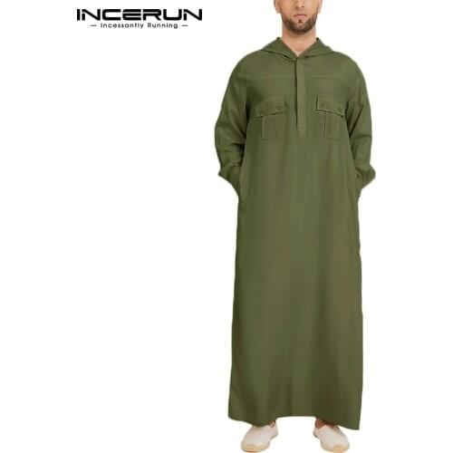 Men Muslim Jubba Thobe Islamic Arabic Kaftan Hooded Long Sleeve Pockets Robes Solid Color Dubai Saudi Arabia Men Clothes INCERUN