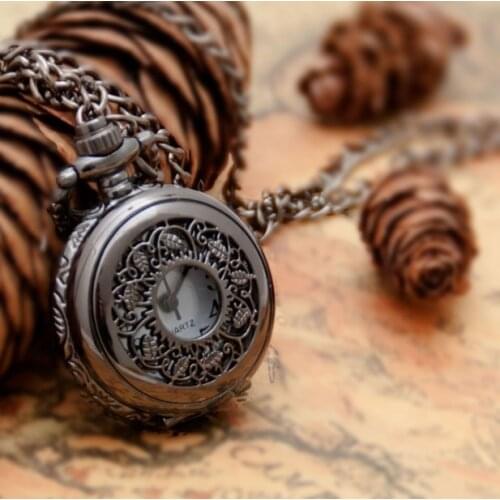 New Arrive Small Size Black Leaf Pocket Watch Necklace For Xmas Gift pocket watch steampunk quartz watches 10pcs dial25MM