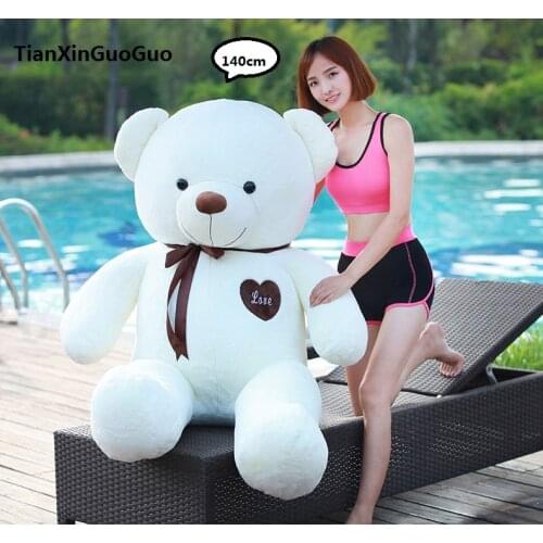 New arrival fillings plush toy huge 140cm white teddy Bear,silk belt love bear doll soft hugging pillow Christmas gift b0901
