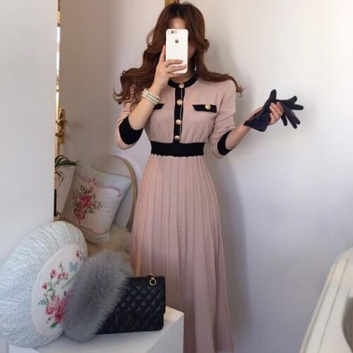 Autumn Korean Elegant Knitted Dresses Women Slim A-line High Waist Pleated Dress Female 2021 Gentle Lady Long sweater Base Dress
