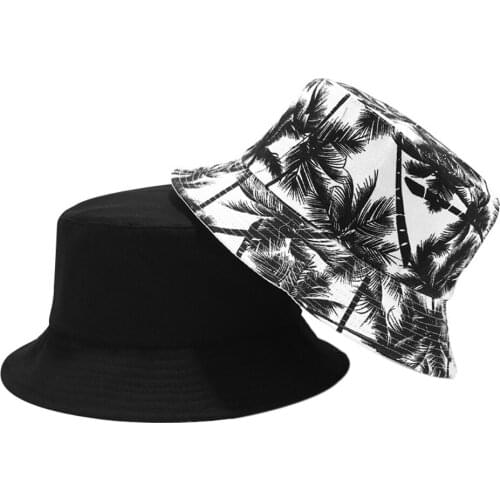 Panama Coconut Canvas Bucket Hats Black Printed Plant Double-sided Wearable Basin Caps Outdoor Travel Visor Hiking Unisex Hat