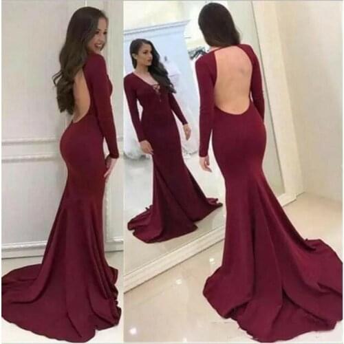 Vkbridal Long Sleeve Mermaid Prom Dresses Burgundy Sweep Train Party Dresses Sexy Back Formal Evening Gowns for Women