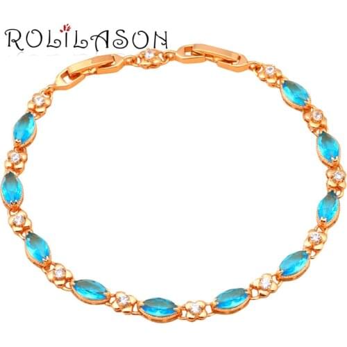 ROLILASON seawater Blue Crystal Golden charm bracelet for women Health Nickel Lead free Fashion jewelry TB624