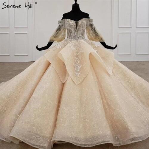 Champagne Luxury Off Shoulderd Sexy Wedding Dresses 2020 Lantern Sleeve Tassel Beading High-end Bride Gowns BHX0091 Custom Made