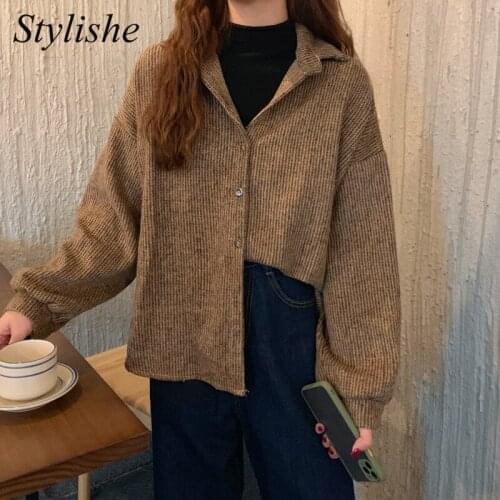 Vintage Striped Shirts Women Brown Harajuku Oversized Casual Female Long Sleeve Blouse 2021 Gray Loose Autumn Winter Tops