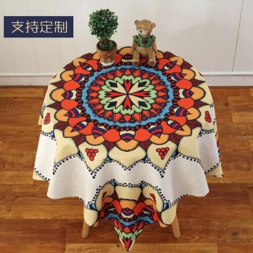 Round Flax Thicken Christmas Tablecloth Ethnic Style Table Cover Wedding Festival Party Hotel Coffe Table Cloth Home Decorations