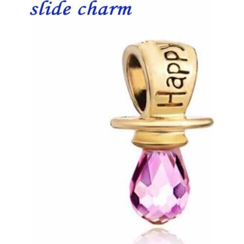 Slide charm Free shipping Crystal Happy Birthday Pendant charm beads fit Pandora bracelet