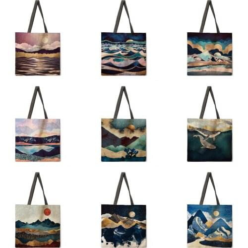 Ukiyo-e mountains and rivers, rivers and rivers, linen fabric casual tote bag, foldable shopping bag, reusable beach bag, ladies